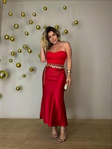 Saia Midi Cetim Preá Vermelha