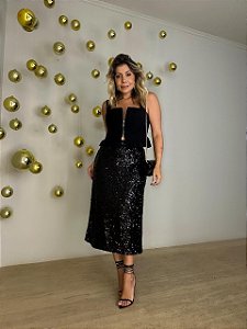 Saia Midi Paetê Jeri Preta