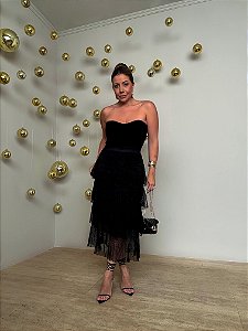 Saia Midi Tule Babados Preá Preta