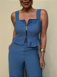 Cropped Babado Búzios Azul