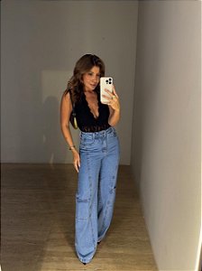 Calça Jeans Wide Leg Cargo