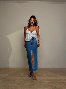 Saia Midi Jeans Escuro Fenda Victoria