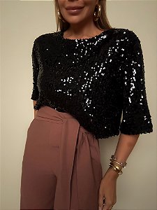 T-shirt Cropped Paetê Rafaella Preta