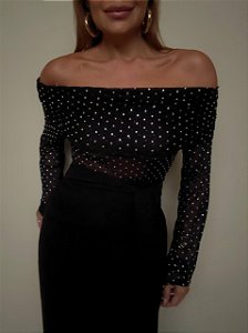 Blusa Tule Cravejada Fiorenza Preta