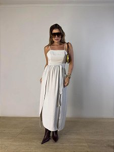 Vestido Midi Transpassado Fiorenza Bege Acinzentado