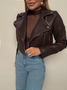 Jaqueta Cropped Courino Isabella Marrom