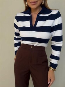 Blusa Tricot Listrada Adelaide Azul e Branca