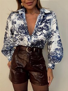 Camisa Linho Estampada Romina Azul