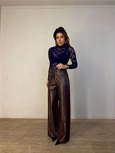 Calça Courino Wide Leg Francesca Marrom Escuro