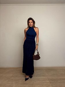Saia Midi Tricot Leonelle Azul Marinho