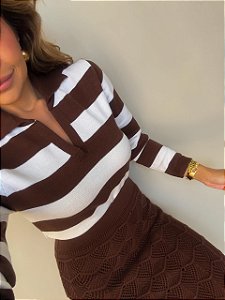 Blusa Tricot Listrada Adelaide Marrom e Branca