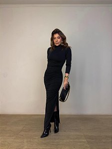 Vestido Midi Drapeado Solenna Preto