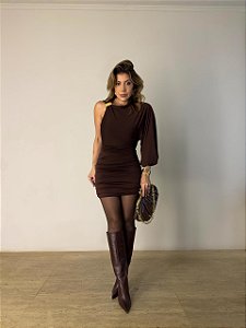 Vestido Curto Nula Manga Ravena Marrom