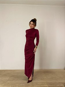 Vestido Midi Drapeado Solenna Vermelho Bordô