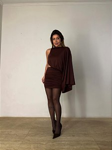Vestido Curto Manga Ampla Novera Marrom