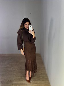 Saia Midi Renda Valmont Marrom