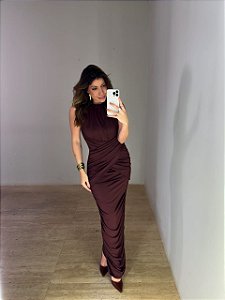 Vestido Midi Drapeado Alba Marrom