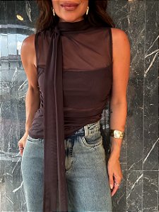 Blusa Tule Amarração Margot Marrom