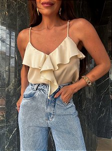 Cropped Babado Celeste Bege Claro