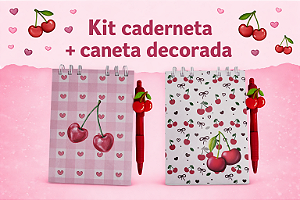 KIT CADERNETA + CANETA DECORADA CEREJINHAS