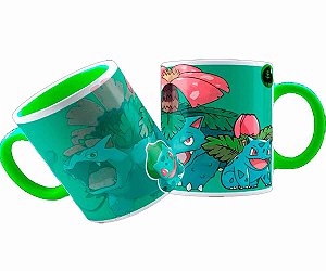 Caneca Cerâmica Alça e Fundo Coloridos Live Sub Pokémon - Evoluções Bulbasaur