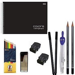 Kit Escolar Black Caderno de Desenho, Lápis, Borracha, Compasso...