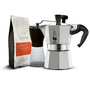 Kit Café Especial Seleções Matas de Minas + Moedor Manual + Cafeteira Italiana Bialetti