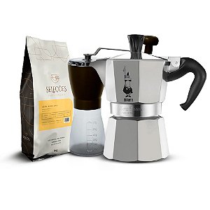 Kit Café Especial Seleções Alta Mogiana + Moedor Manual + Cafeteira Italiana Bialetti