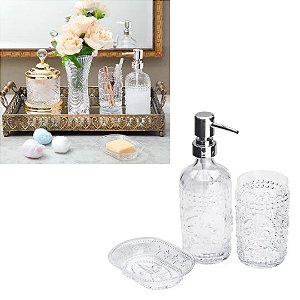 CJ 3PC P/BANHEIRO DE VIDRO FLOR DE LIS TRANSPARENTE