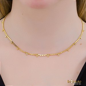 Colar dourado bolinhas com  zirconias brancas  banhado a ouro 18k