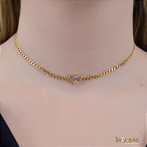 Colar Elos Grumet Coração Colorido Intuê Banhado a Ouro 18k