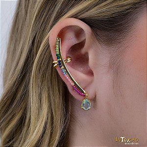 Brinco Ear Hook Intuê Cristais Coloridos Banhado a Ouro 18K