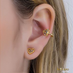 Brinco Intuê Ear Cuff Coração Zirconias Coloridas Banhado a Ouro 18k