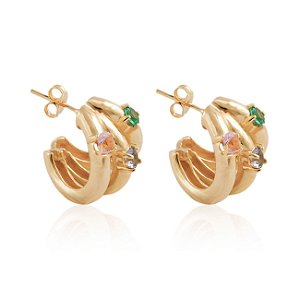 Brinco Dourado Argola Zircônia Colorida Banhado a Ouro 18k, semijoia