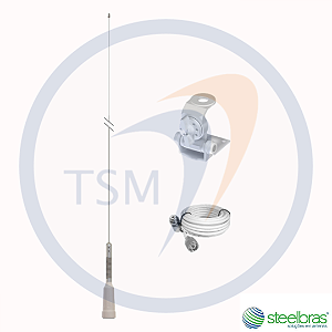 ANTENA MÓVEL VHF 5/8 DE ONDA EVOLUTION MARÍTIMA + SUPORTE BI-ARTICULADO MARÍTIMO + CABO COAXIAL 85% BLINDAGEM COM CONECTOR UHF PARA SUPORTE BI-ARTICULADO MARÍTIMO 5 METROS - RAP27100K