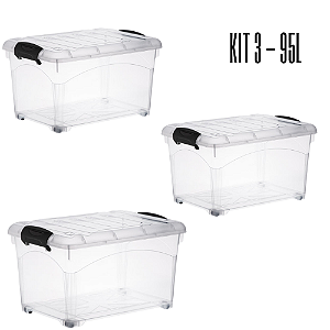 Kit 03 Caixas Organizadora Container 95 Litros Transparente