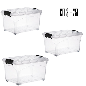 Kit 03 Caixas Organizadora Container 25 Litros Transparente