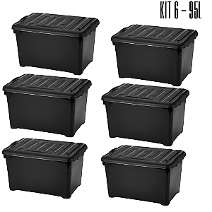 Kit 06 Caixas Organizadora Container 95 Litros Black