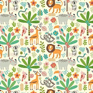 Tecido Tricoline Selva Divertida - Fabricart - 50 x 150 cm