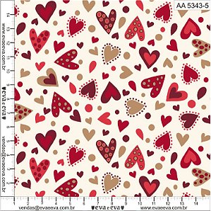 Tecido Tricoline Corações Love Fundo Creme AA5343-5 - Eva e Eva - 50 x 150 cm