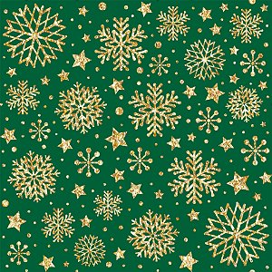 Tecido Tricoline Flocos de Neve Dourado Fundo Verde - (Natal) -Peripan - 50 x 150 cm