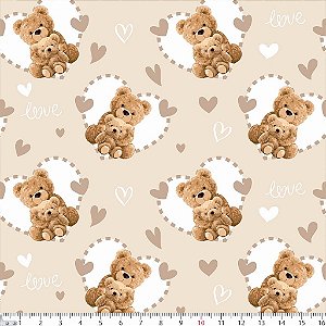 Tecido Tricoline Ursinhos Love  Bege - Peripan - 50 x 150 cm