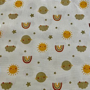 Tecido Tricoline Sol, Nuvem e Arco Íris - Coleção Arabella - Peripan - 50 x 150 cm