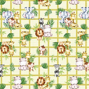 Tecido Tricoline Animais Safári fundo Xadrez - Coleção Afetos - Peripan - 50 x 150 cm
