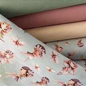 Tecido Tricoline Fadas e Borboletas - Coleção Afetos - Peripan - 50 x 150 cm