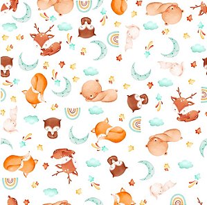 Tecido Tricoline Digital - Raposa, Urso e Coruja nas Nuvens - Ibirapuera - 50 x 150 cm