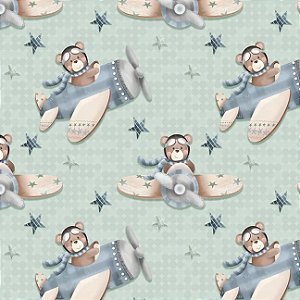 Tecido Tricoline Digital  Urso no Avião Azul - Coleção Voe Alto (Urso Aviador) - Fuxicos e Fricotes - 50 x 150 cm