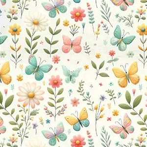 Tecido Tricoline Digital Beauty (Flores e Borboletas) - Tecidos Caldeira - 50 x 150 cm