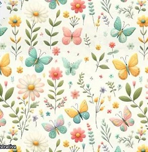 Tecido Tricoline Digital Beauty (Flores e Borboletas) - Tecidos Caldeira - 50 x 150 cm