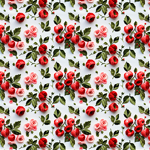 Tecido Tricoline Digital 3D Floral  Rosa e Cerejas  - Peripan - 50 x 150 cm